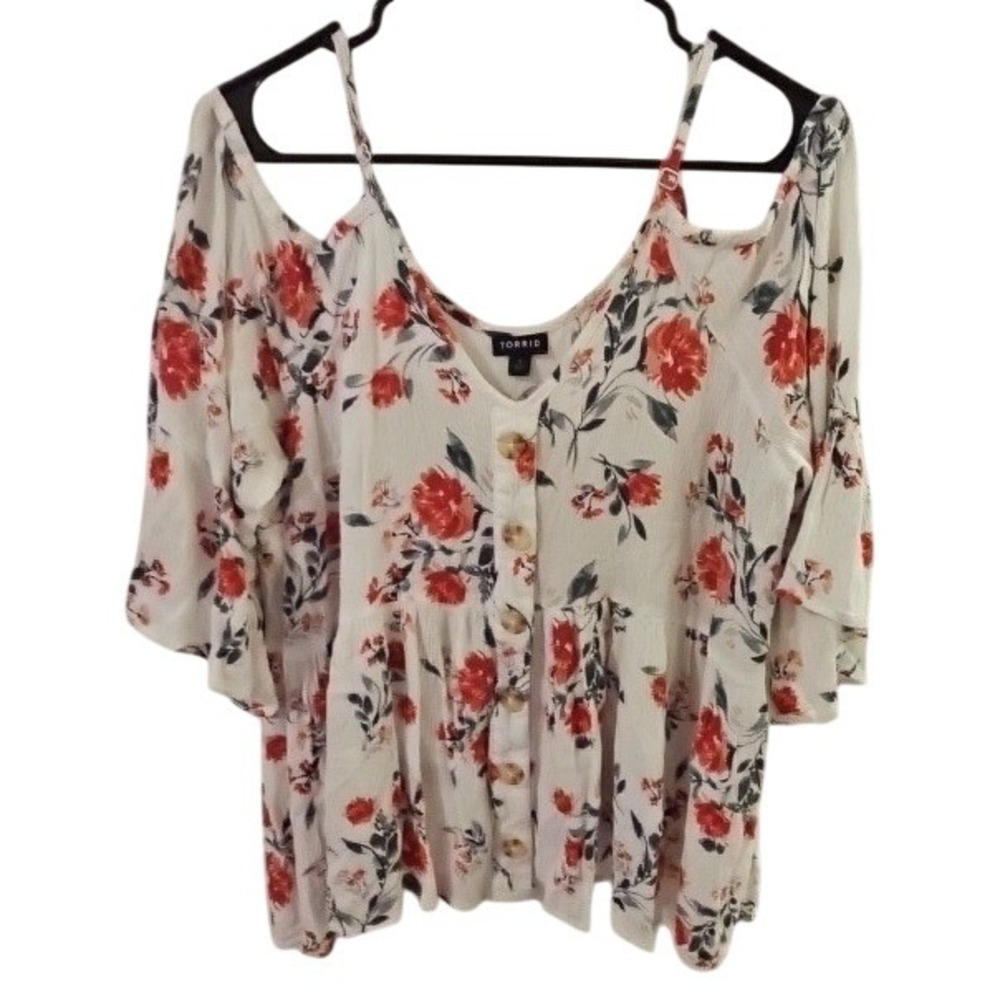 Torrid Floral Cold Shoulder Top White Red Rose Button Babydoll Rayon Blouse 1